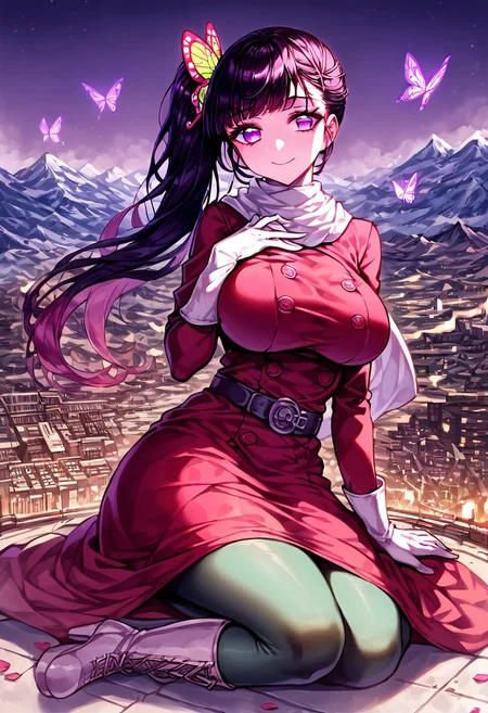 gorgeous lips, cinematic, (masterpiece), (best quality), (ultra-detailed), very aesthetic, perfect composition, intricate details, absurdres, detailed face, (anime, masterpiece, intricate:1.3), (best quality, hires textures, high detail:1.2), score_9, score_8_up, score_7_up, source_anime, 1girl, kanao tsuyuri, black hair, pink highlights, butterfly, butterfly hair ornament, purple eyes, long hair, side ponytail, ponytail, eyelashes, hair ornament, scarf, dress, red dress, long sleeves, buttons, gloves, white gloves, belt, pantyhose, green pantyhose, laced heel boots, white footwear, skirt, flower patterns, alternate_costume, enormous breasts, facial expression, kind, soft eyes, head tilt, slightly smiling, closed mouth, hand on breasts, goddess, building size, giantess, growing even bigger, sitting on the city floor, gradient eyes, beautiful detailed eyes, city background, mountain landscape, city, mountain, building, skyscrapers, surrounded by tall skyscrapers, (masterpiece:1.4), (best quality:1.4), (ultra-detailed:1.2), gl0w, glow,