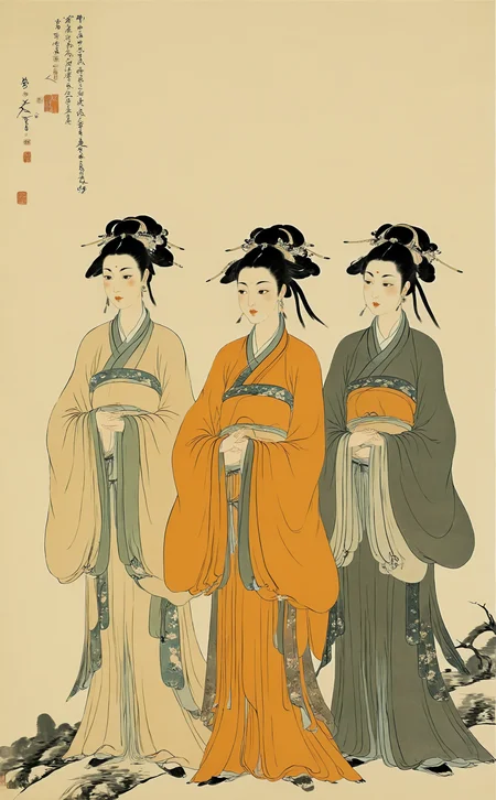 <lora:å
«å¤§å±±äººç»é£-000009:0.8>,chinese Landscape painting,3girls,highres,looking_at_viewer,Old paintings,(Tang dynasty decorative hairstyle:1.2),