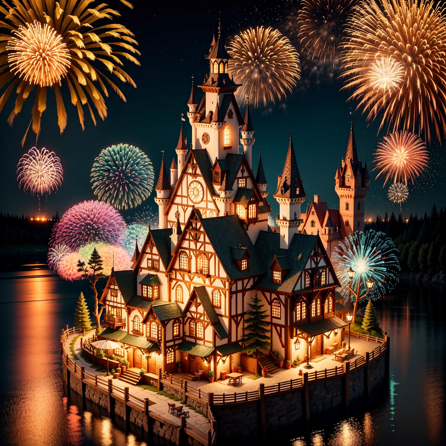 mini\(ttp\), (8k, RAW photo, best quality, masterpiece:1.2), Enchanted castles, shipyards,Colorful fireworks,isometric,  miniature, landscape,Wooden basin,<lora:miniatureWorldStyle_v10:0.8>