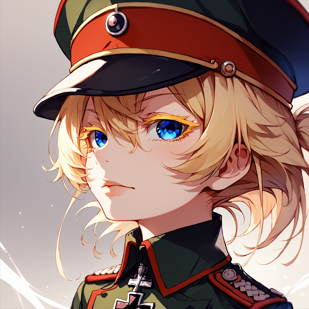 score_9, score_8_up, score_7_up,
TanyaDegurechaff,tunic,  1girl, solo, looking at viewer, short hair, blue eyes, manga eyes, blonde hair, hat, hair between eyes, uniform, military, eyelashes, military uniform, cross, peaked cap, military hat, colored eyelashes, iron cross,score_9, source_anime
 <lora:TanyaPonyV2:0.8>