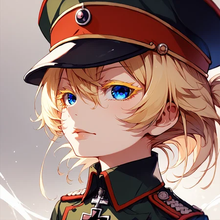 score_9, score_8_up, score_7_up,
TanyaDegurechaff,tunic, 1girl, solo, looking at viewer, short hair, blue eyes, manga eyes, blonde hair, hat, hair between eyes, uniform, military, eyelashes, military uniform, cross, peaked cap, military hat, colored eyelashes, iron cross,score_9, source_anime
<lora:TanyaPonyV2:0.8>