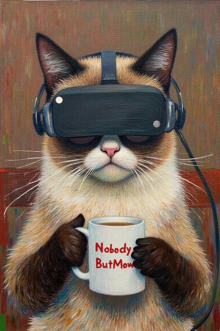 henrimartin1 painting.
Grumpy Cat holding a coffee mug, wearing a VR Headset. The mug has the phrase "NobodyButMeow" printed <lora:henrimartin1_cap_d8a4e12:1.0><lora:851860792247641857:0>