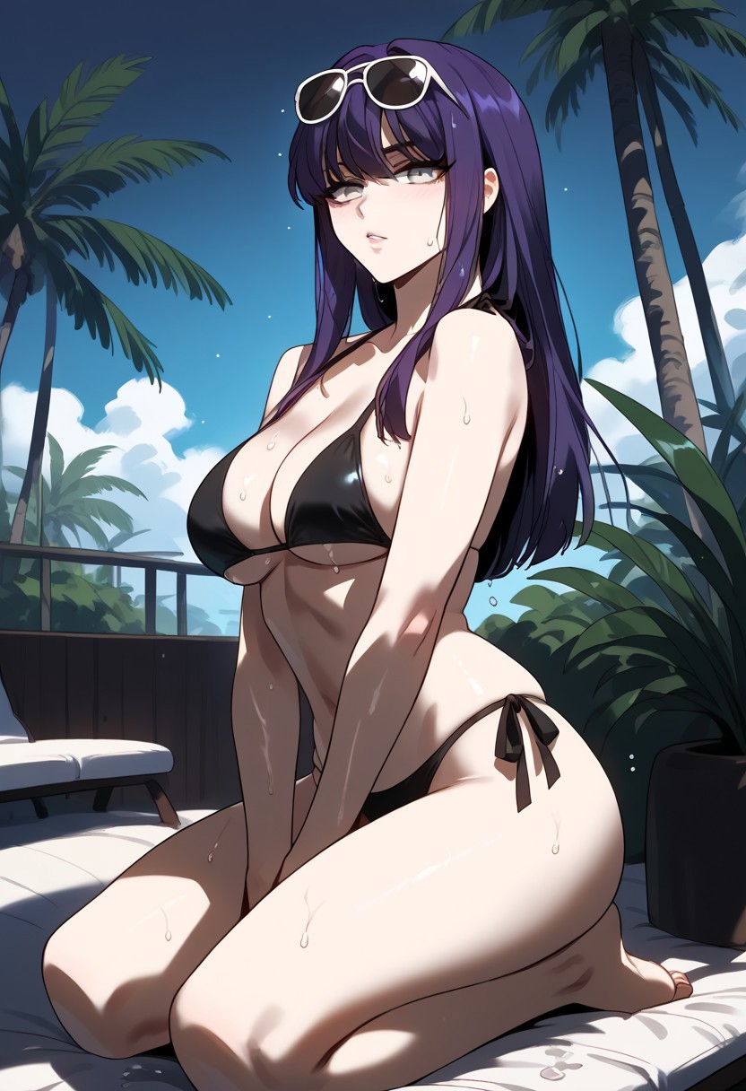 zPDXL3, score_9_up, score_8_up, score_7_up, (Anime_source), 1girl, NaYeorum, gray eyes, purple hair, long hair, wet, cowboy shot, looking at viewer, parted lips, light blush, palm trees, (bikini, kneeling on chaise lounge), black theme, sunglasses