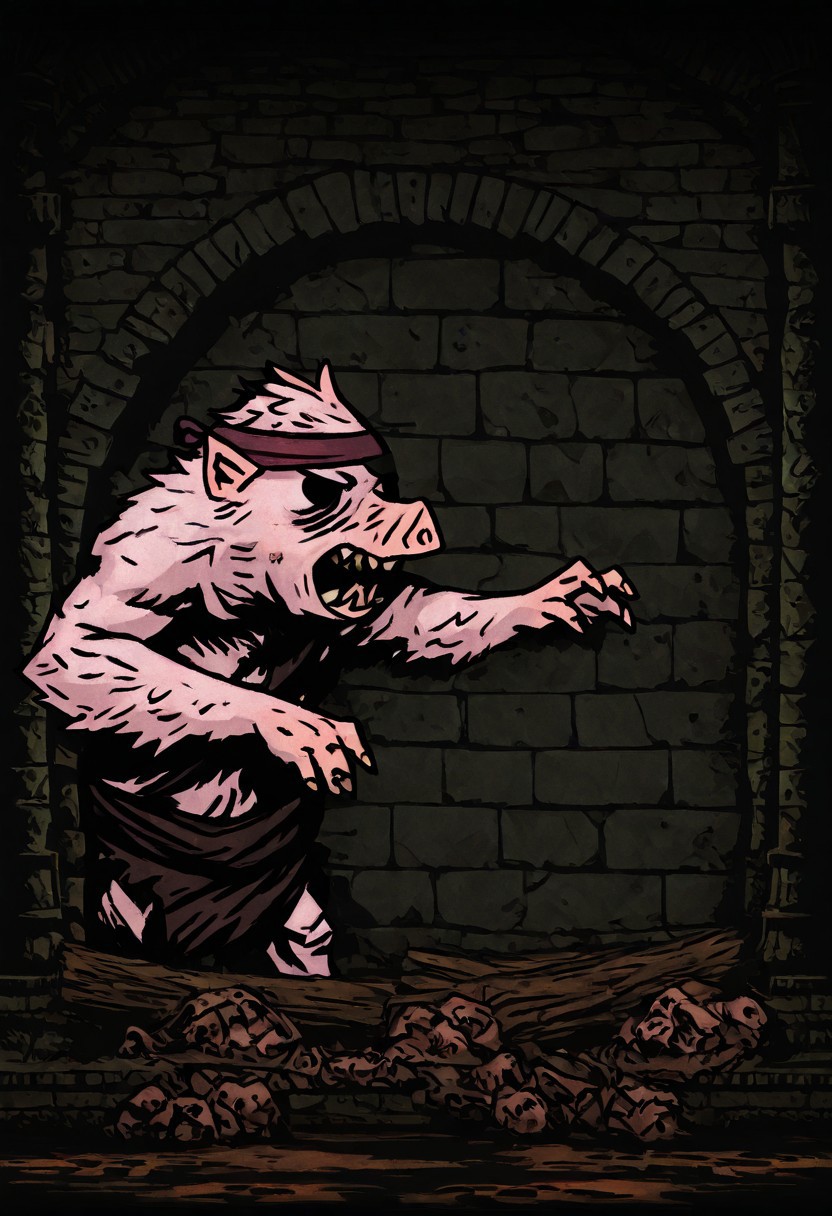 masterpiece, best quality, newest, absurdres, highres,  vintage anime, 90s anime, DDstyle, official style, black eyes, shaded eyes, DDWarrens-BGV1.0, dark, scenery, indoors, 1boy, DD-SwinemanV1.0-SWilbur, pig, furry male, short, short posturę, pink skin, headband,