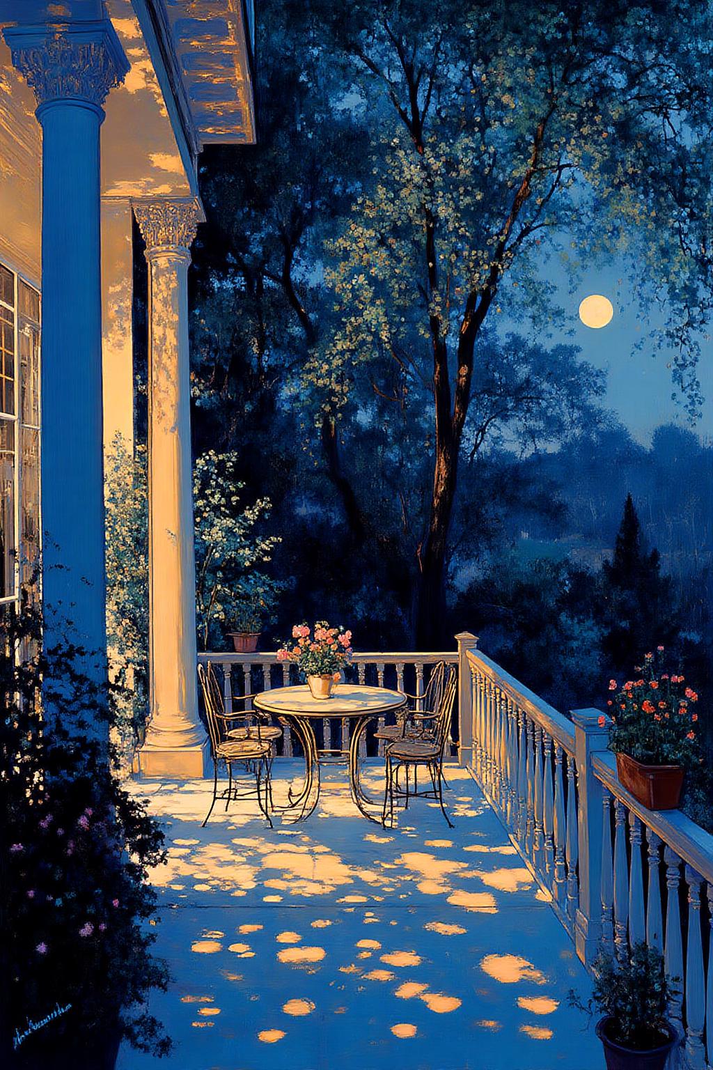kaoruyamada1 painting.
A serene outdoor balcony scene at night. The balcony is adorned with classical columns on the left, and is illuminated by soft, warm lighting. A round table with a floral centerpiece sits in the center, surrounded by four metal chairs. The floor of the balcony is tiled, and potted plants and flowers are placed around the area. The background features a lush, tree-covered landscape, with the moon prominently visible in the sky. <lora:kaoruyamada1_f16e9:1.0><lora:868874342044334620:0>