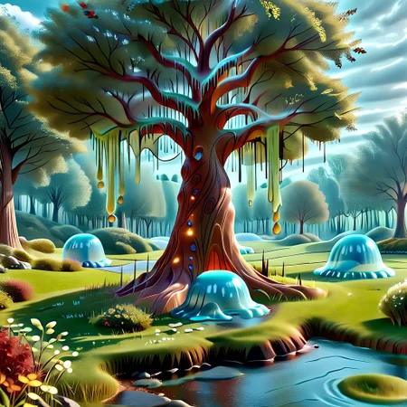 a forest made out of slime, dense-forest, Yggdrasil, a vast tree made out of slime, A large tree made out of slime, brown slime tree, translucent tree, transparent tree, 
everything made of slime, No simple background, ((slime tree)), detailed leaves, detailed bark texture, 
overcast sky, natural light, no bright spots, 
((translucent slime)), ((transparent slime)), (bioluminescent slime), sl1m3, slime, slime-morph, ais-blmn, saturated colors, no creatures, no monsters, no pokemon, scenery only, scenery, ral-lava,