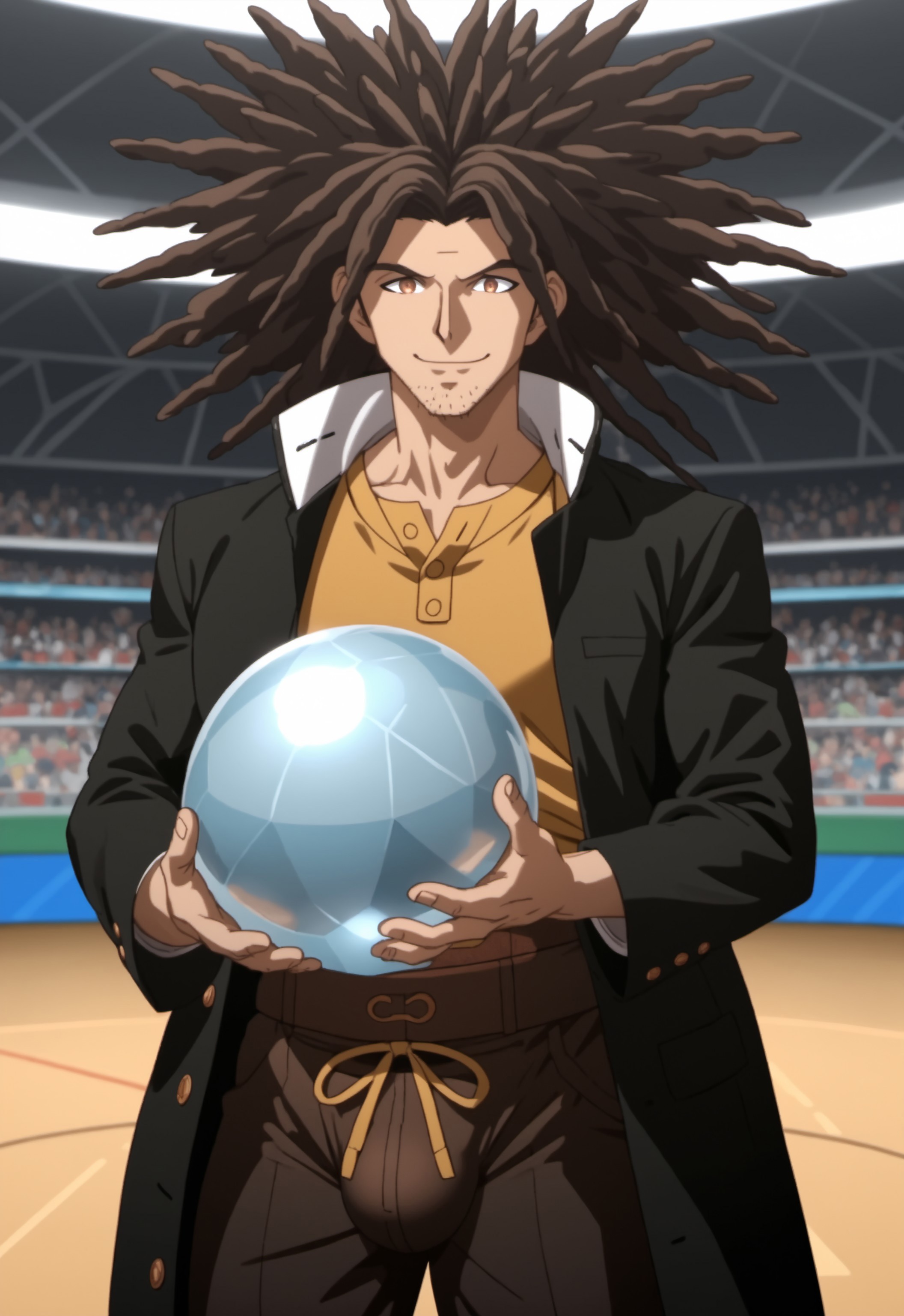 safe_pos, safe_pos, score_9, score_8_up, score_7_up, rating_nsfw, ultra hd, absurdres, masterpiece, best quality, best aesthetic, solo, 1boy, male focus, erotic, mature male, Expressiveh, wolfconf,

DRYasuhiro, dark brown hair with locs, black jacket, yellow shirt, stubble, brown eyes, anime screencap, holding crystal ball, ((bulge)), looking at viewer, smiling, (pants)