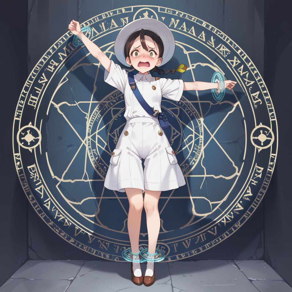 score_9, score_8_up, score_7_up, best quality, masterpiece, source_anime,  BREAK, scared, blush, arm up.  1girl, <lora:restrained_magic_circle:1>magic circle, restrained, full body, Juliana \(Pokemon\),