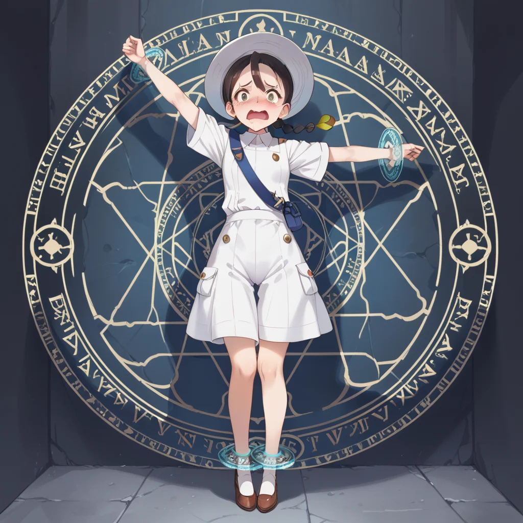 score_9, score_8_up, score_7_up, best quality, masterpiece, source_anime, BREAK, scared, blush, arm up. 1girl, <lora:restrained_magic_circle:1>magic circle, restrained, full body, Juliana \(Pokemon\),