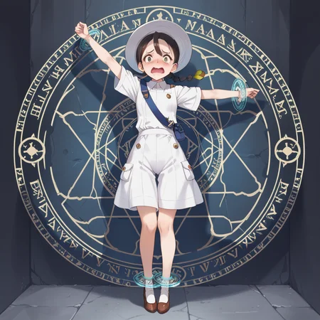 score_9, score_8_up, score_7_up, best quality, masterpiece, source_anime,  BREAK, scared, blush, arm up.  1girl, <lora:restrained_magic_circle:1>magic circle, restrained, full body, Juliana \(Pokemon\),