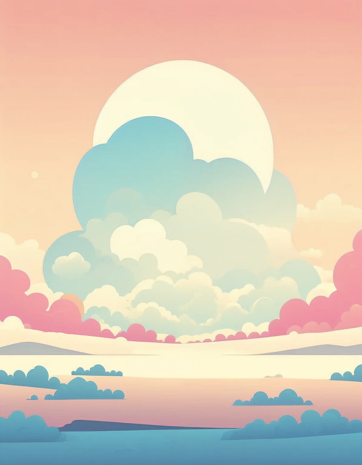minimalistic, flat color, no lineart, vast flat landscape, gigantic clouds, simple bright background