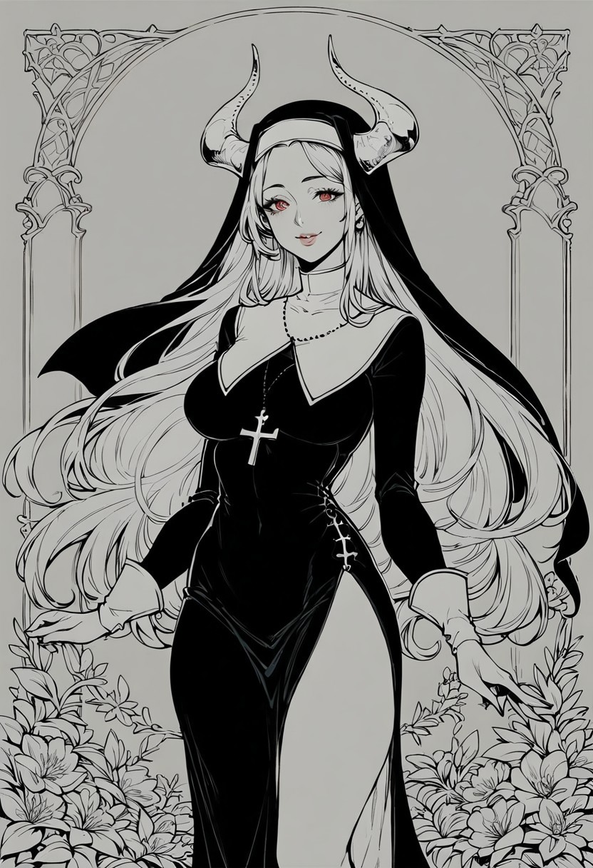 score_9, score_8_up, score_7_up,lineart, beautiful nun, red long hair, horns