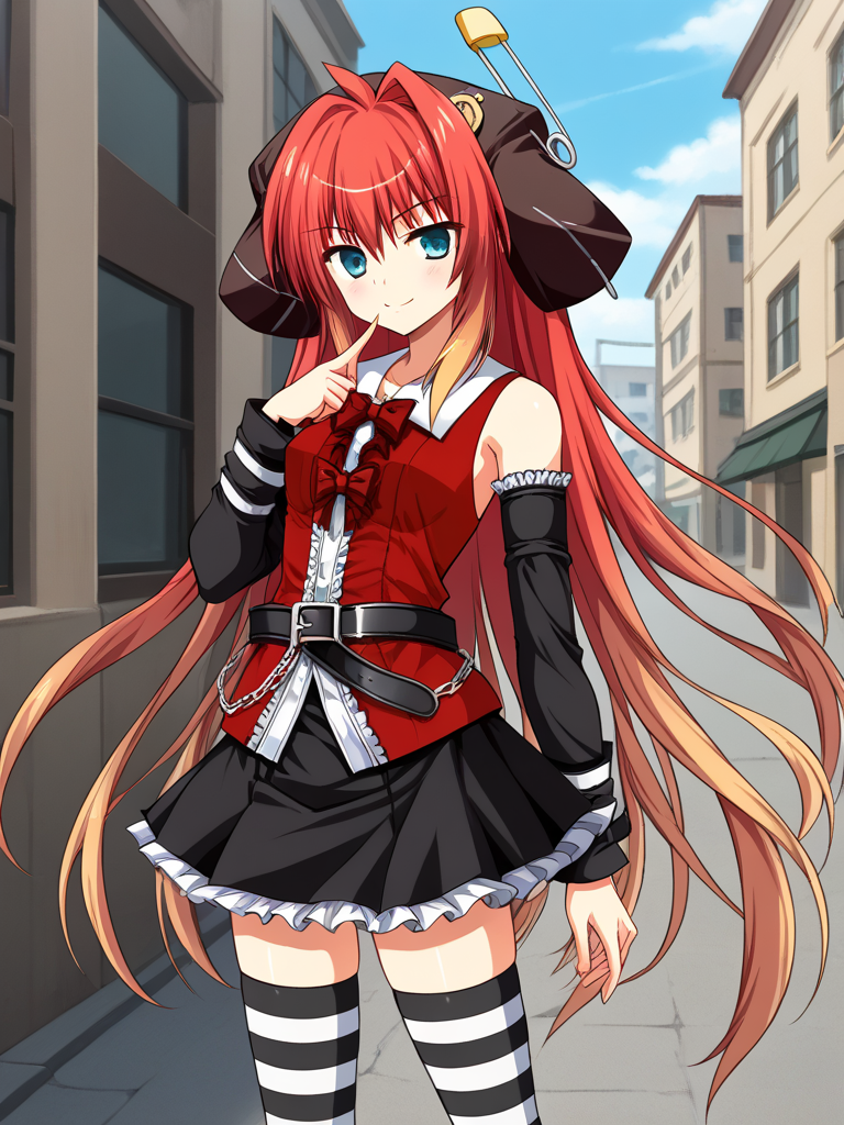 1girl, solo, momijiEXAEXSFA, red hair, gradient hair, very long hair, multicolored hair, single hair intake, ahoge, aqua eyes, hat, red shirt, collared shirt, detached sleeves, bare shoulders, neck bow, red bow, black skirt, frills, belt, chain, asymmetrical legwear, single thighhigh, striped, outdoors, street, standing, smile, finger to mouth, cowboy shot