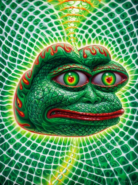 alexgrey, veins, lattice, high contrast, multicolored eyes, fire, insanely detailed visionary art, green skin, red lips, <lora:Alex_Grey_XL_Base:0.8>