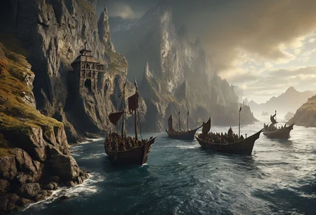 extremely detailed, hero shot, high detail, hires textures, incredibly detailed, intricate details, intricate diorama, masterpiece, outstanding intricacies, photorealism, true masterpiece, cliff background, pleasant, Stately, grimdark, a group of humans elves and dwarves living in a fantasy world with antiquity-ships in the distant background