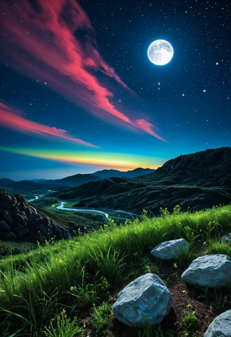 Masterpiece, landscape photo, hyper-detailed photography, vibrant colours, on the left side of the painting is night, the moon is out high in the sky, the stars are sparkling, the ground is brown and rocky, on the right side is day, the sun is shining high in the sky, clear blue sky and on the ground is green grass,