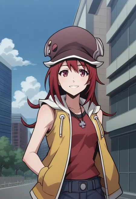 score_9, score_8_up, score_7_up, source_anime, highly detailed,
shikimisaki, 1girl, solo, hat, cabbie hat, navel, red hair, red eyes, jacket, yellow jacket, sleeveless jacket, open jacket, open clothes, red shirt, wristband, yellow wristband, smile,
outdoor, street, building, sky, cloud,