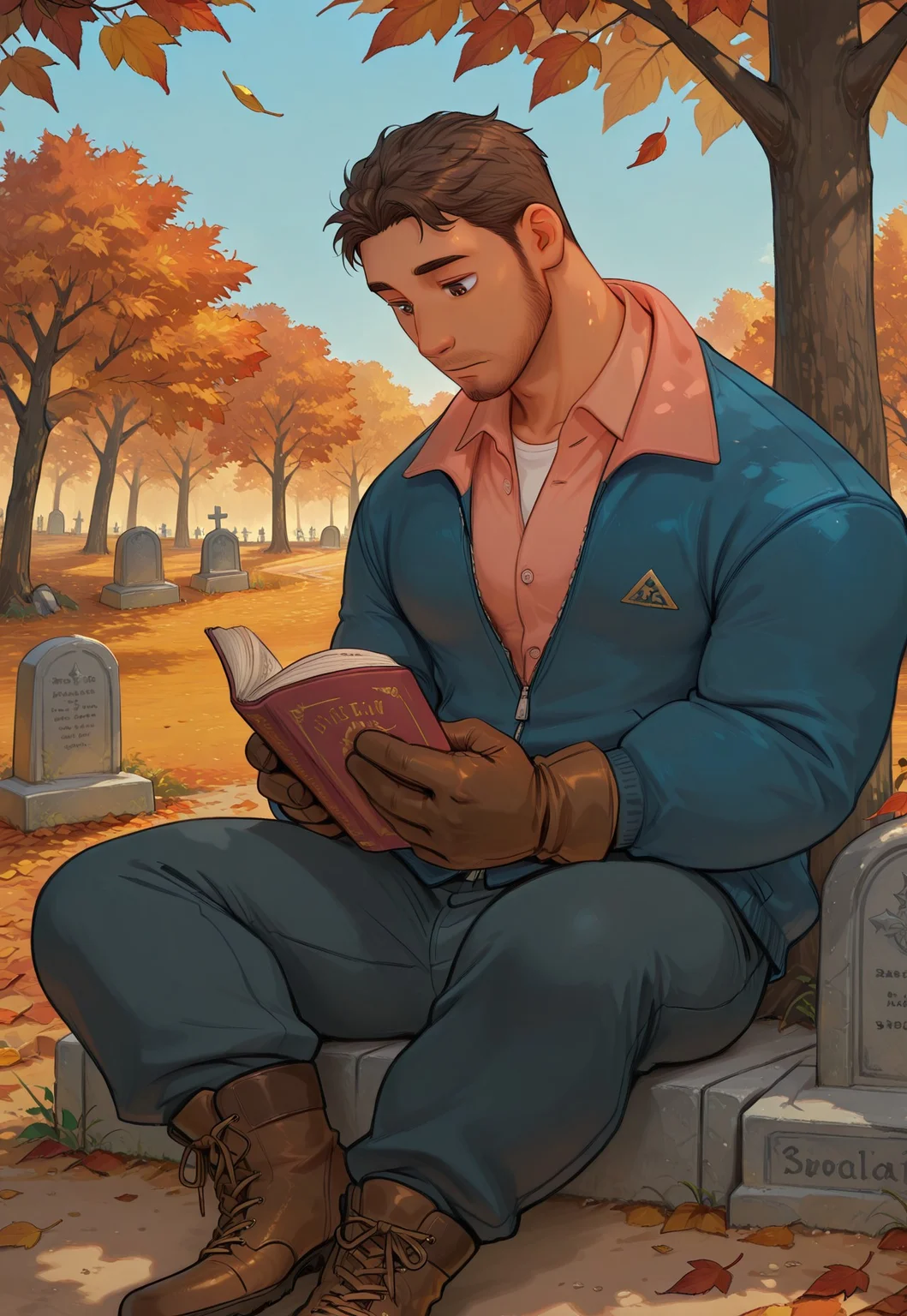 safe_pos, high quality, high detail, best quality,
1boy, solo, male focus, bara,
RafaelCI, dark skin, dark-skinned male, brown hair, shirt hair, brown eyes, stubble, facial hair, mature male, muscular, muscular male, plump, hairy, body hair, RafaelFall, blue jacket, pink collared shirt, brown gloves, dark grey pants, brown boots, sitting, reading, book, holding book, reading book, looking at book, looking down, autumn trees, fall trees, autumn, graveyard, falling leaves