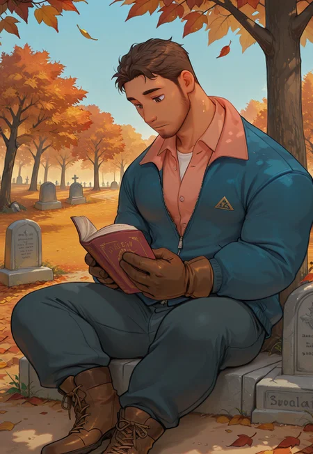 safe_pos, high quality, high detail, best quality,
1boy, solo, male focus, bara,
RafaelCI, dark skin, dark-skinned male, brown hair, shirt hair, brown eyes, stubble, facial hair, mature male, muscular, muscular male, plump, hairy, body hair, RafaelFall, blue jacket, pink collared shirt, brown gloves, dark grey pants, brown boots, sitting, reading, book, holding book, reading book, looking at book, looking down, autumn trees, fall trees, autumn, graveyard, falling leaves