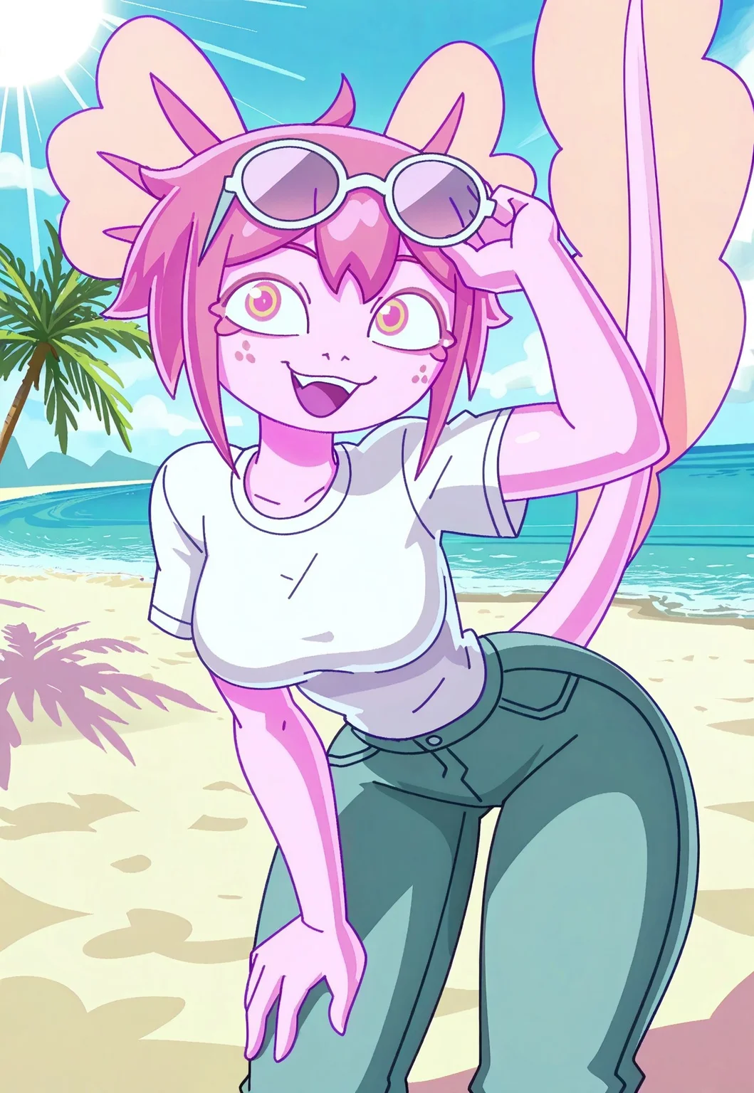 safe_pos, masterpiece, pastel,, v1tzyp1e, cute, 1girl, pink skin,pink hair,freckles, breasts, tail, smiling, open mouth, t shirt, pants, beach, palm tree, sunlight, solo, shadow, sun_glasses, glasses on head, posing, looking at viewer, cowboy shot