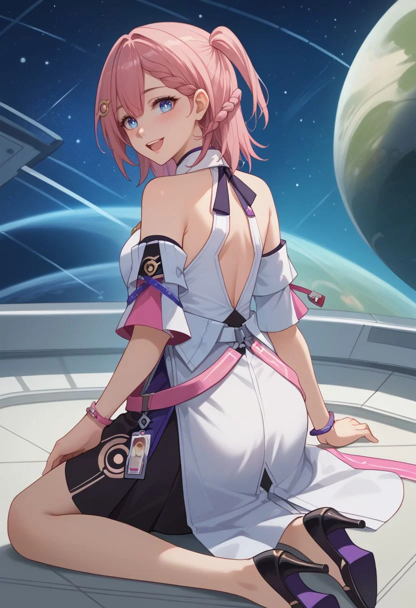 score_9, score_8_up, score_7_up, source_anime, 1girl, astadef, blue eyes, pink hair, medium hair, braid, one side up, hair ornament, hairclip, medium breasts, choker, bare shoulders, detached sleeves, white shirt, sleeveless shirt, collared shirt, id card, bracelet, black skirt, thigh strap, black footwear, high heels, kneeling, wariza, open mouth, smile, blush, looking at viewer, space station, spacecraft, starry sky, star \(sky\), moon, facing viewer, from behind, back, looking back, <lora:Asta_v1-000010:1>