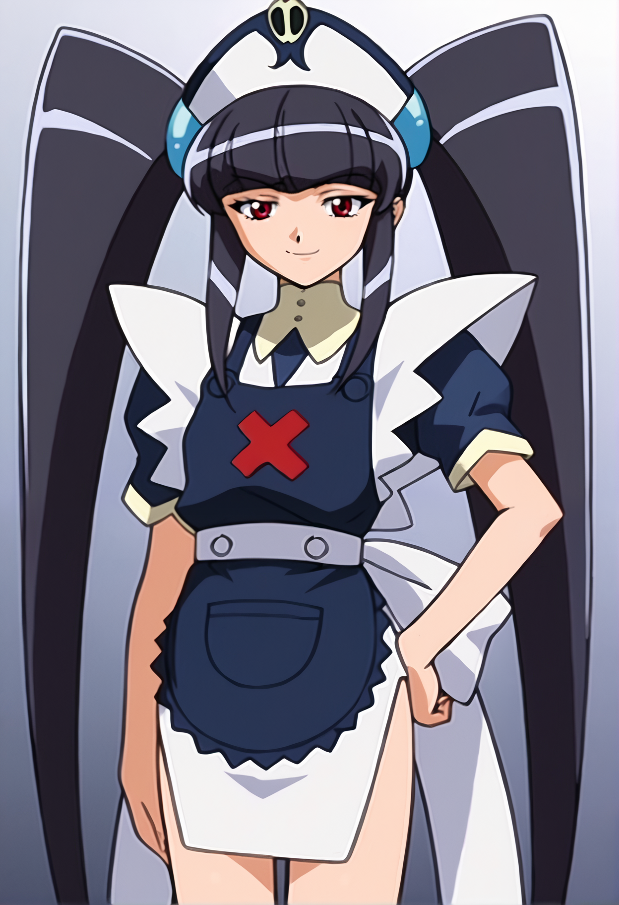 score_9_up, source_anime, paiway_underberg,maid outfit, 1girl, solo, long hair, looking at viewer, black hair,  red eyes,  smile.  hat, twintails, very long hair, sidelocks, blunt bangs, apron,  half closed eyes. hand on hip. nurse cap,  nurse.