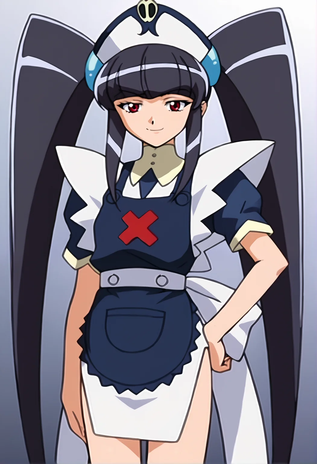 score_9_up, source_anime, paiway_underberg,maid outfit, 1girl, solo, long hair, looking at viewer, black hair, red eyes, smile. hat, twintails, very long hair, sidelocks, blunt bangs, apron, half closed eyes. hand on hip. nurse cap, nurse.