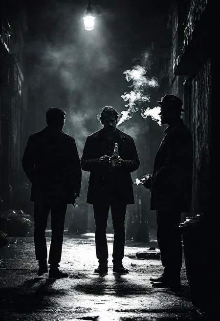 cinematic photo dark photo of a dangerous group of men smoking, drinking, and breaking bottles, on a dark city street, <lora:Into_Darkness:1>, 35mm cinematic, film, bokeh, professional, 4k, highly detailed, 35mm photograph, film, bokeh, professional, 4k, highly detailed