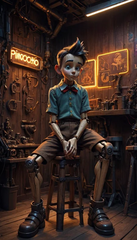 Cyberpunk, (realistic), front view, a (wooden:1.2) boy Pinocchio, cartoon character, sits on stool, in Cyberpunk workshop, steel walls, sci-fi robot behind, neon lighting, cybernetic punk, cybertechno, cyberculture, cyber genre, cyberpunk, cyberspace, cyber setting, cyber futurism, cyber reality, cyber avant-garde, cyber Internet, warm cinematic lighting, soft shadows, masterpiece, best quality, sharp focus, 4k, (neon text cover "Pinocchio") ,