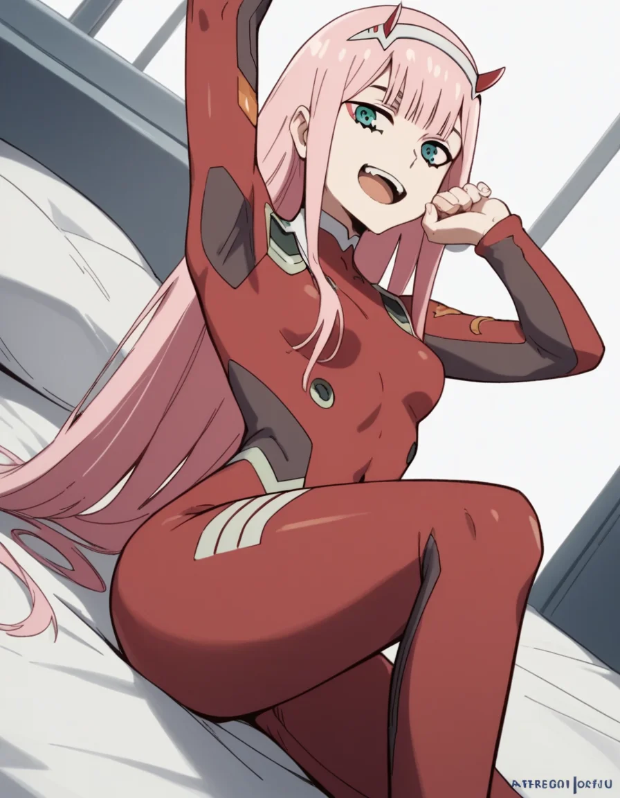 score_9, score_8_up, score_7_up, source_anime, <lora:zero-two-s1-ponyxl-lora-nochekaiser:1>, zero two, zero two \(darling in the franxx\), green eyes, hairband, horns, long hair, pink hair, red horns, white hairband,, bodysuit, covered navel, pilot suit, red bodysuit, science fiction,, bedroom, alarm clock, morning routine, yawning, stretching, on bed,, smile, looking at viewer, hand on shoulder, foot crossed over, knee up, solo,, cowboy shot, dutch angle