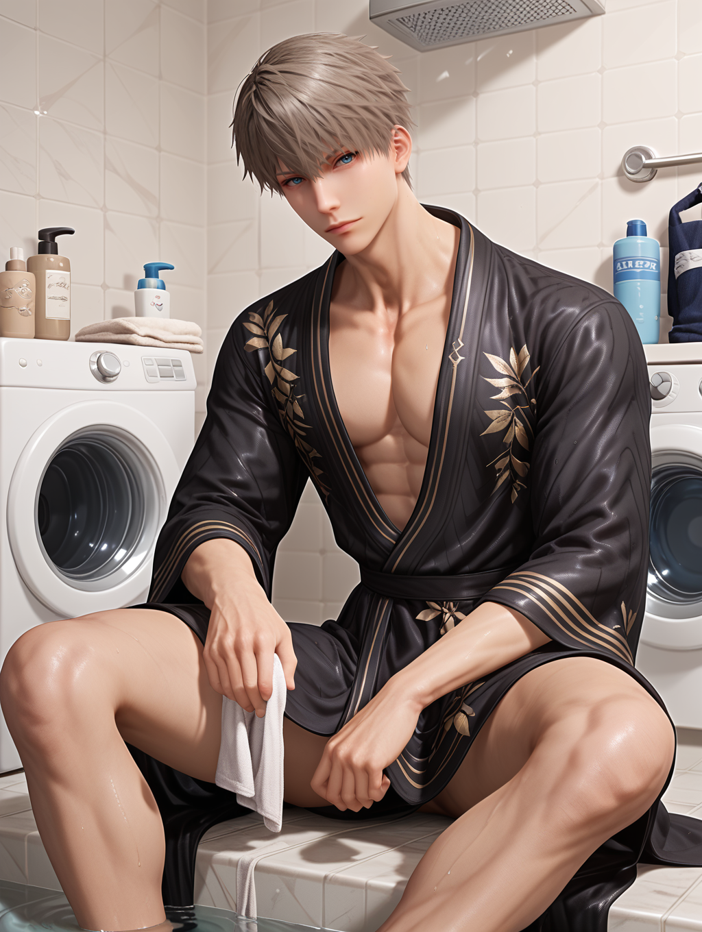 score_9,score_8_up,score_7_up,1boy,solo,yaoi,bara,male focus,fairly nsfw,uncersored,highres,best quality,amazing quality,best aesthetic,absurdres,<lora:add-detail-xl:1>,<lora:Expressive_H:1>,Expressiveh,<lora:xavier-000009:0.7>,xavier,robe,japanese clothes,bathroom,washing machine, sitting,looking at viewer,