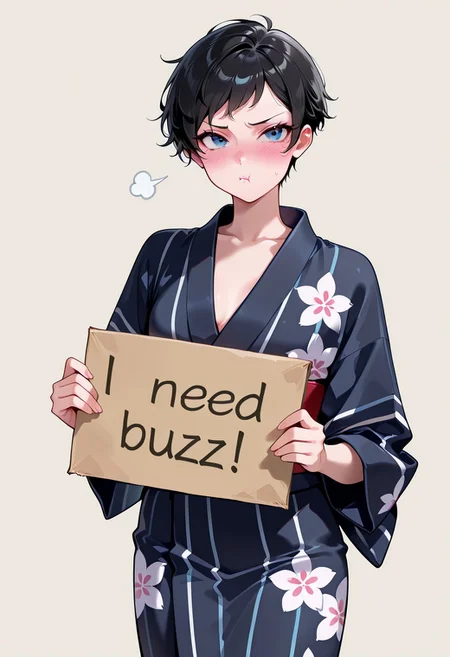 high res image, Beautiful girl with slim body, (masterpiece, detailed:1.2), (1girl:1.4), (blue eyes, black hair, short pixie cut hair), (dynamic poses), looking at viewer, (blushed red, pouting lips), Beautiful eyes, (small breasts), (slender body), (beautiful detailed face, beautiful detailed eyes), ((yukata)), simple background, ((cowboy shot:1.3)), seductive, lustrous skin, lustful skin, erotic skin, (need_buzz, holding sign), ((holding cardboard sign that says "I NEED BUZZ"))