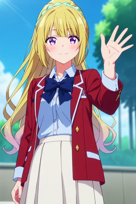 score_9, score_8_up, score_7_up, score_6_up, score_5_up, score_4_up, rating_questionable, , source_anime, digital illustration, pixiv, fanbox, uncensored, , BREAK, official art,
1girl, , female, kei karuizawa, yellow hair, long hair, ponytail, purple eyes, scrunchie, anime screencap,
school uniform, red jacket, blue bow, white skirt, waving, outdoors, blush, looking at viewer, colorful, vivid <lora:Kei_Karuizawa_Pony-000009:0.9>