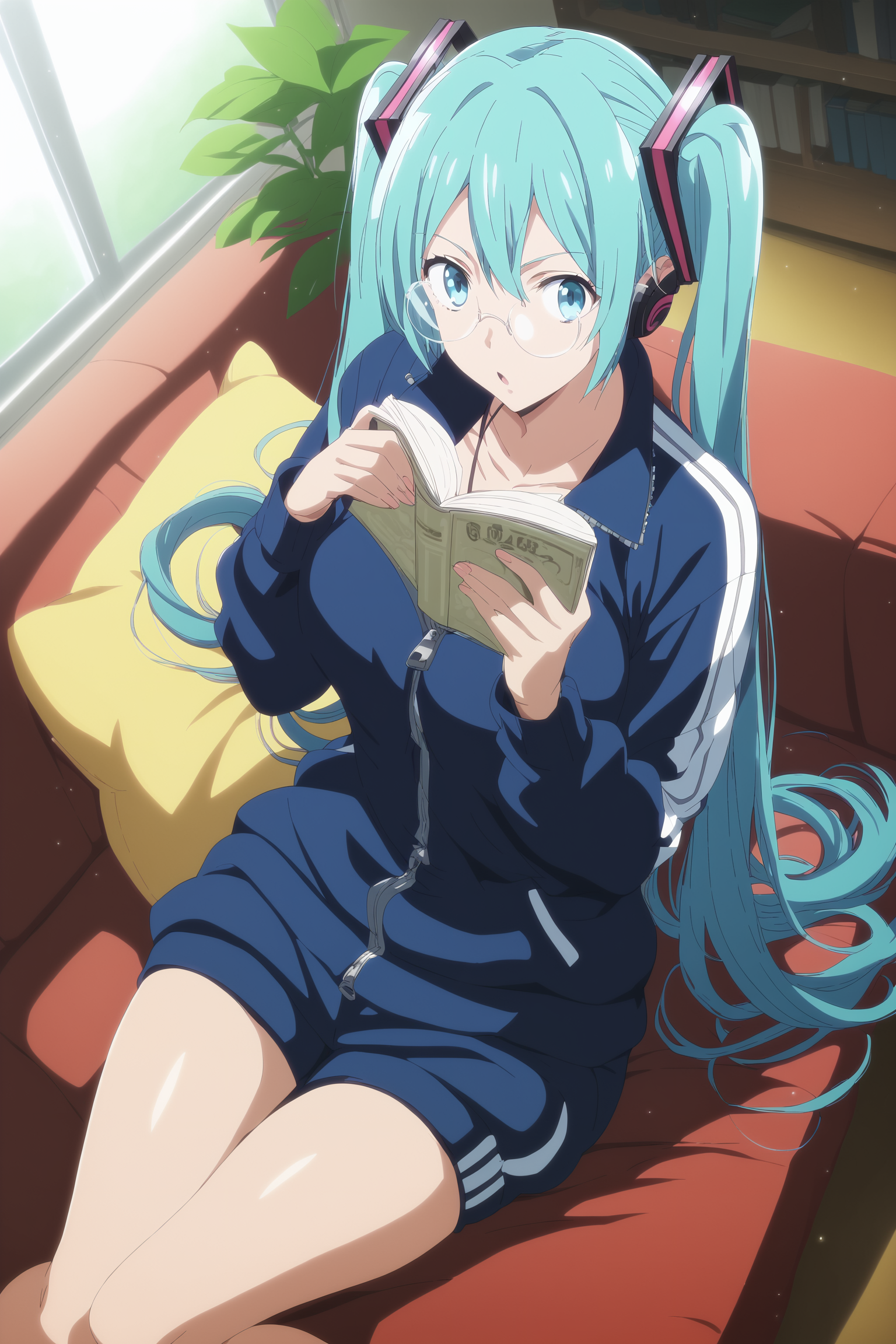 koikoi_style, anime coloring, anime, source anime, flat color, anime screencap, score_8_up, score_7_up, score_6_up, score_5_up, score_4_up, (light particles, dramatic light), (deep skin, skindentation), depth of field, high quality, (dynamic angle:1.25), highres,wide hips, curvy,
hatsune_miku, 1girl, book, solo, twintails, glasses, barefoot, track suit, sitting, holding book, can, open mouth, (on couch:1.2), indoors, track pants, blue pants, track jacket, knees up, aqua eyes, aqua hair, looking at viewer, bespectacled, long hair, feet, window, open book, curtains, plant, blue jacket, earphones, toes, round eyewear, pillow, toenails, cushion, hair ornament, long sleeves, blue eyes, zipper, full body
<lora:koikoiv3_style-02:1>