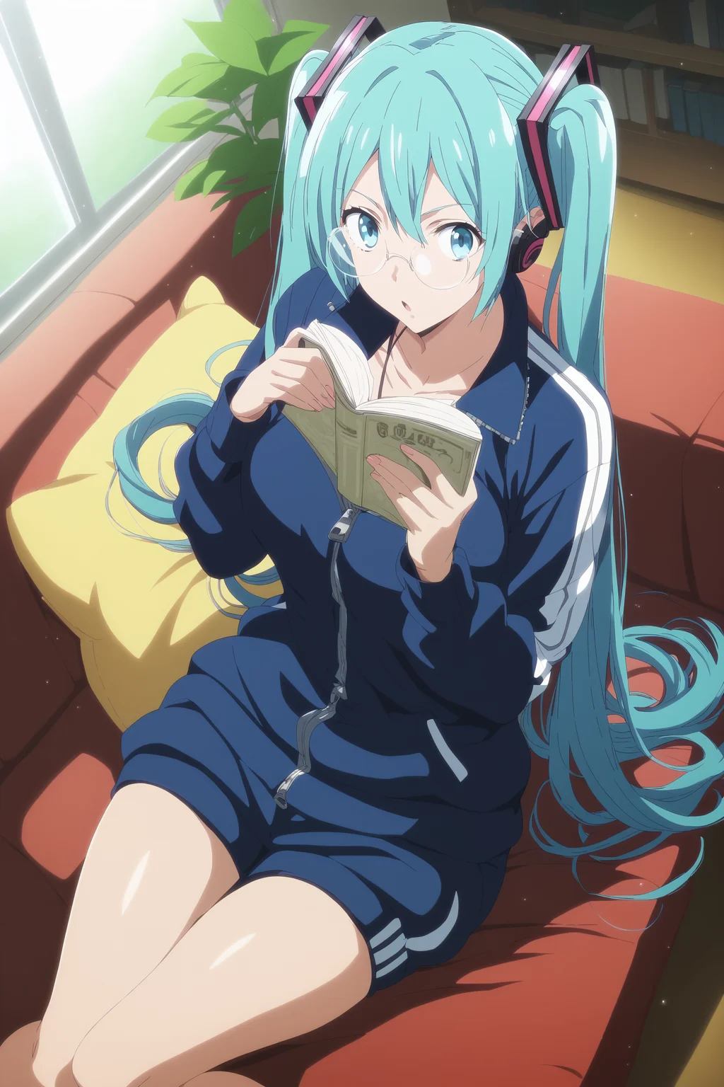 koikoi_style, anime coloring, anime, source anime, flat color, anime screencap, score_8_up, score_7_up, score_6_up, score_5_up, score_4_up, (light particles, dramatic light), (deep skin, skindentation), depth of field, high quality, (dynamic angle:1.25), highres,wide hips, curvy,
hatsune_miku, 1girl, book, solo, twintails, glasses, barefoot, track suit, sitting, holding book, can, open mouth, (on couch:1.2), indoors, track pants, blue pants, track jacket, knees up, aqua eyes, aqua hair, looking at viewer, bespectacled, long hair, feet, window, open book, curtains, plant, blue jacket, earphones, toes, round eyewear, pillow, toenails, cushion, hair ornament, long sleeves, blue eyes, zipper, full body
<lora:koikoiv3_style-02:1>