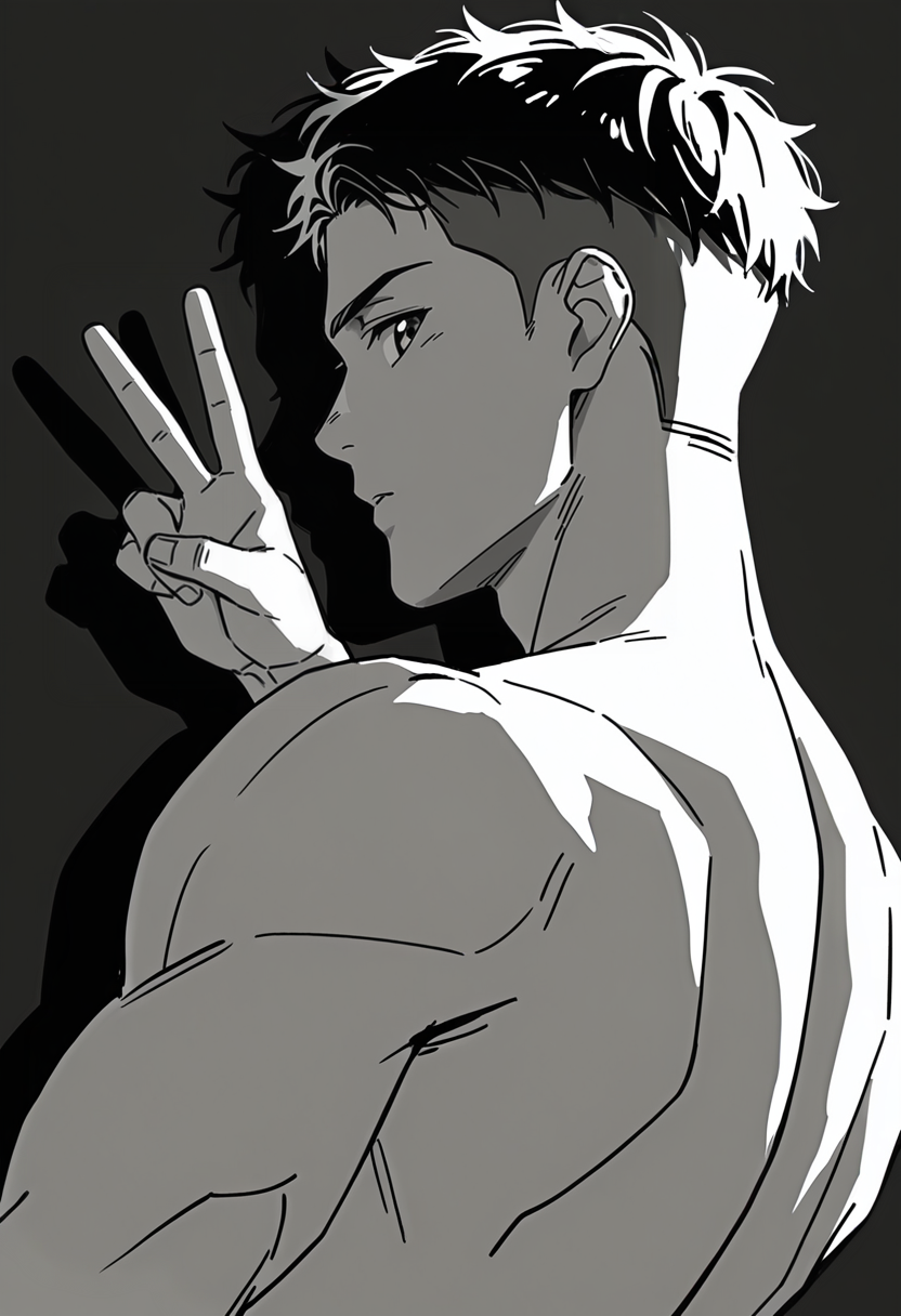 <lora:Yokokawa_Yuusuke_Love_All_Play:1> green_yok0kaw4_yuusuk3_eyes, yok0kaw4_yuusuk3, black_yok0kaw4_yuusuk3_hair, 1boy, anime coloring, male focus, solo, muscular male,  sketch, from behind, from side, looking back, looking at viewer, v, monochrome, black background,  shadow, dynamic angle, dynamic action, intricately detailed illustration, depth of field, masterpiece, best quality, very aesthetic, absurdres, newest,