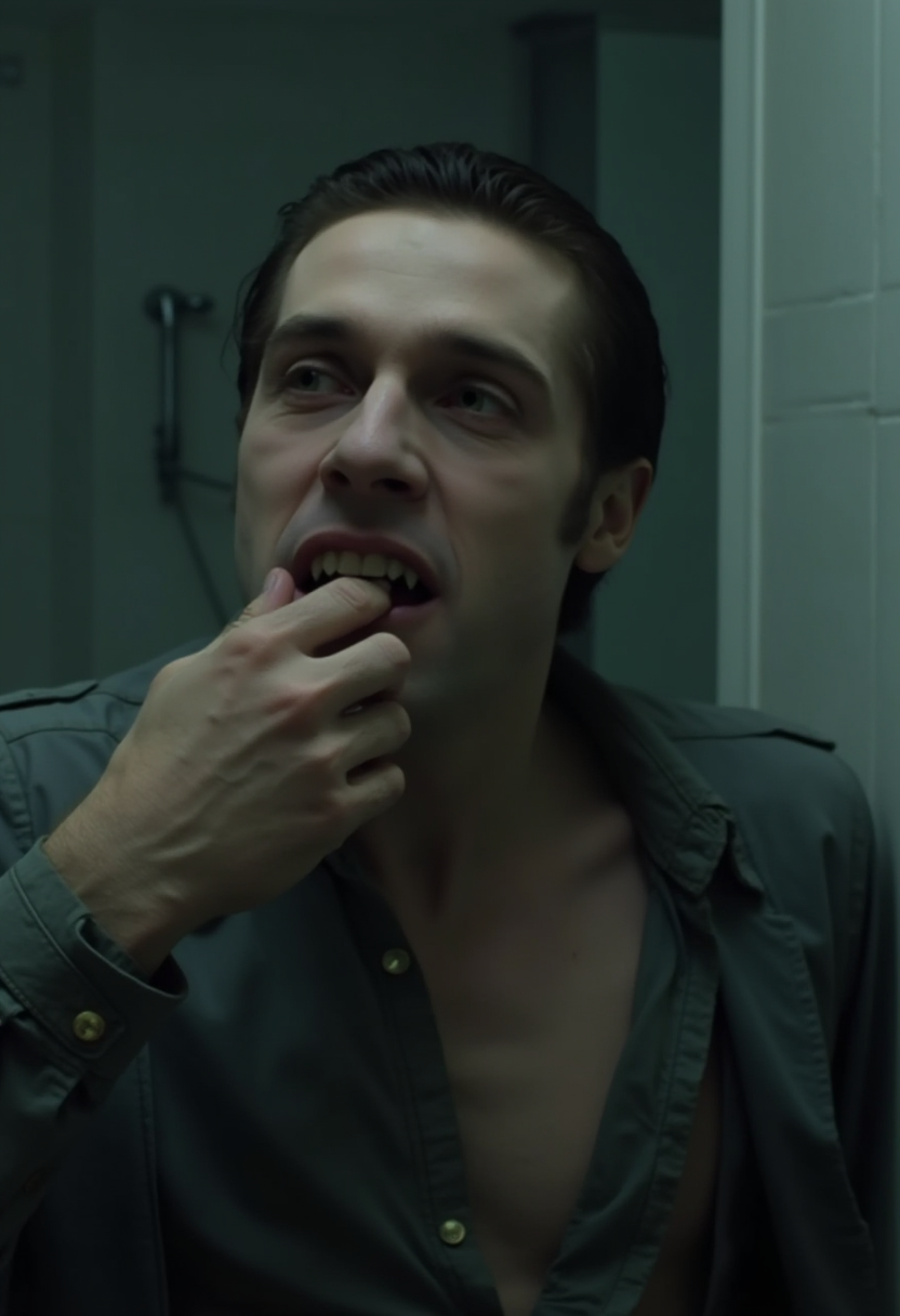 cinematic portrait shot of a vampire man brushing his teeth, showing fangs, in a modern bathroom, pale skin, artificial light, photorealistic, mundane atmosphere <lora:iwtv_flux_1_0:1>