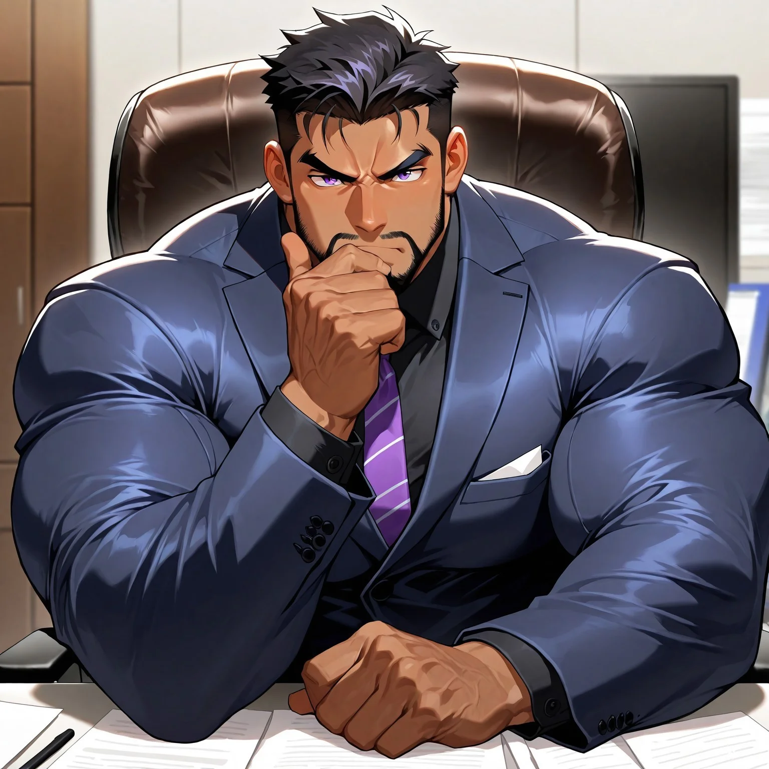 Intricate Details, Masterpiece, Best Quality, 1man, mature, bara, solo, male focus, correct anatomy, perfect hands, stylized seinen anime style, lots of details, shaded, detailed shading, detailed skin, counter shading, handsome, black hair, (black facial hair, full), hyper-muscular, hyper pecs, brown skin, purple eyes, business suit, angry, sitting, sitting in chair, thinking pose, office background