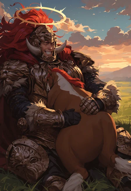 masterpiece,best quality,highly detailed,score_9,score_8_up,score_7_up,score_6_up,source anime,
BREAK
<lora:RadahnPony1.0:0.8>,1boy,radahn,solo,long hair,red hair,torn cape,full armor,fake horns,horned helmet,open mouth,grin,happy,sitting on grass,
(hugging tiny cute horse :1.2),horse lying on his legs,on grass,cloudy sky,blue sky,sunlight,(halo on their head:1.2),
dreaming,fantasy,