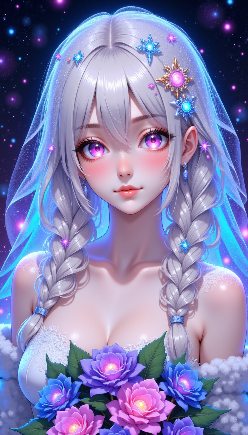pinkmysticanime,
a woman wearing a veil shimmering with the colors of the northern lights. Her snow-kissed lashes and frosty lips create a soft, romantic aura, and her bouquet of glowing ice roses adds a touch of ethereal beauty.