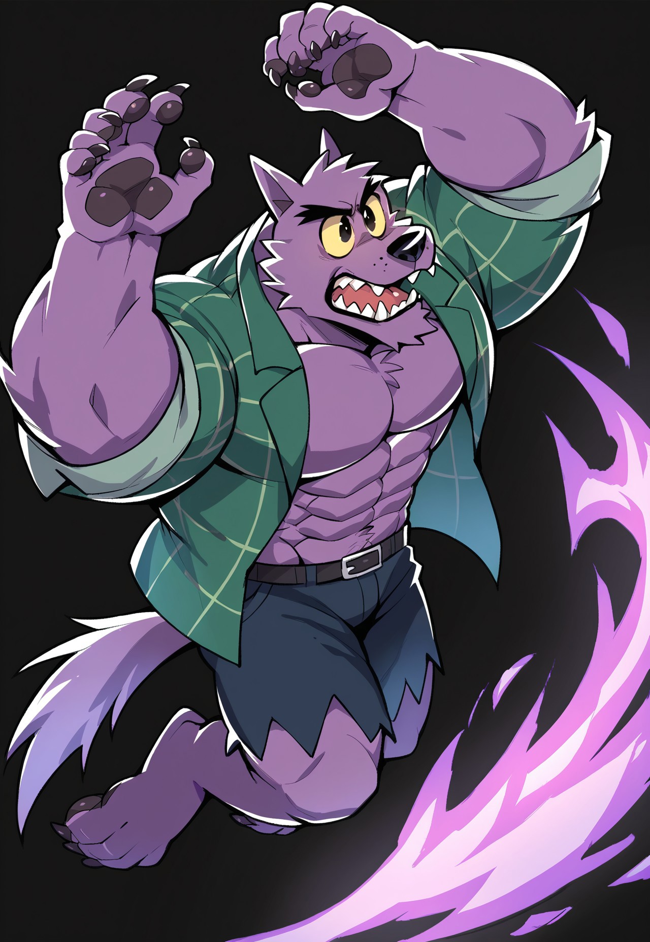 score_9, score_8_up, score_7_up, score_6_up, source_furry, hi res, highly detailed, black background, jumping, in air, action pose, ready to attack, purple fire in background, dynamic angle, Bernand, Werewolf, Purple Fur, Yellow Sclera, Green Striped Shirt, open shirt, Shorts, Yellow Sclera, Black Eyes, no_irises, solo, male anthro, looking away, mad, open mouth, big muscles, pecs, mature, arms away