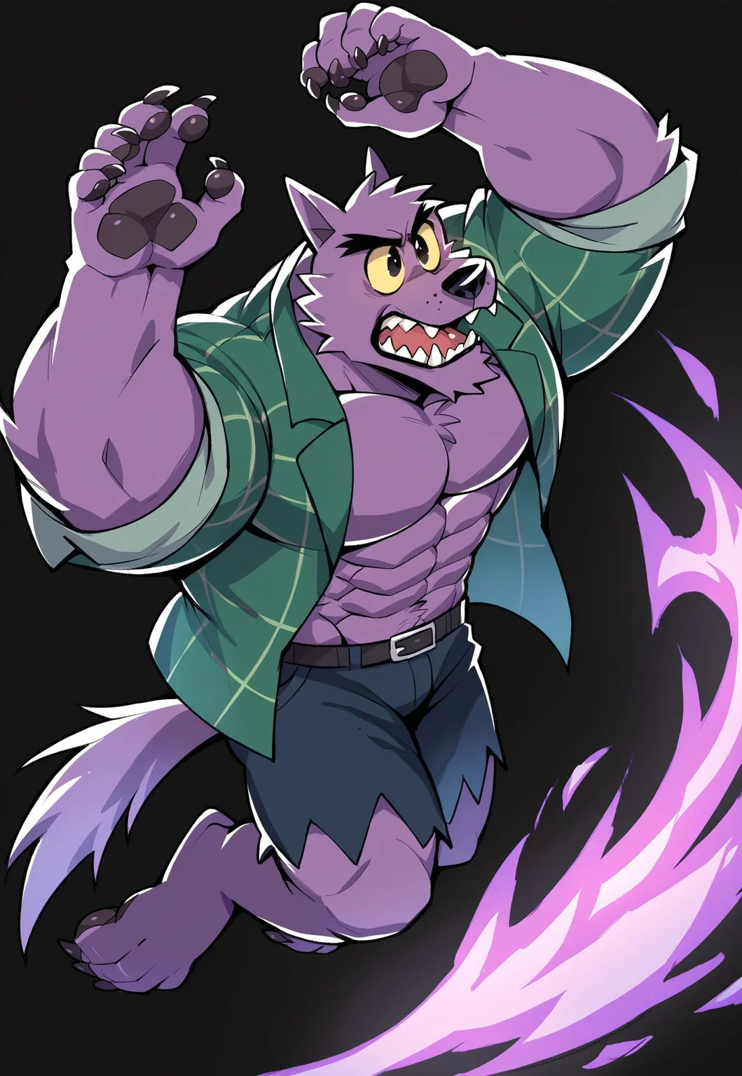 score_9, score_8_up, score_7_up, score_6_up, source_furry, hi res, highly detailed, black background, jumping, in air, action pose, ready to attack, purple fire in background, dynamic angle, Bernand, Werewolf, Purple Fur, Yellow Sclera, Green Striped Shirt, open shirt, Shorts, Yellow Sclera, Black Eyes, no_irises, solo, male anthro, looking away, mad, open mouth, big muscles, pecs, mature, arms away