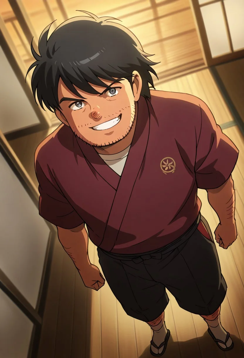 score_9, score_8_up, score_7_up, score_6_up, source_anime, BREAK, 1man, solo, (( <lora:kira_kozo:1> , kira_kozo, piercing dark grey eyes, clear eyes, friendly eyes, wrinkle under eyes, short chubby body, slightly chubby face, fat but strong male, disgusting hairy male, round alcoholic nose, very lightly tanned skin, messy short black hair, messy short bangs, short stubble beard, creepy male, uncharismatic male, )) , dark environoment, dark, backlighting, glowing, japanese theme, male focus, leaning back, looking down at viewer, grin, teeth, red japanese clothes, assymetrical print on clothes, socks, 1man, blurry indoors, wooden floor, scenery, from above, dutch angle, intricately detailed illustration, atmospheric perspective, depth of field