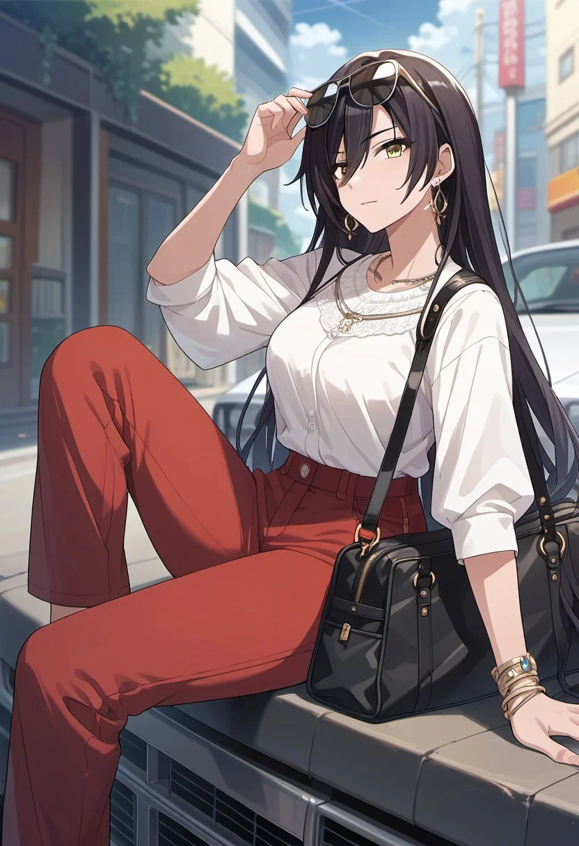 score_9, score_8_up, score_7_up, source_anime, shirase sakuya, black hair, long hair, yellow eyes, 1girl, eyewear on head, sunglasses, jewelry, earrings, pants, sitting, bag, shirt, red pants, ground vehicle, solo, white shirt, outdoors