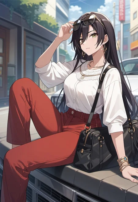 score_9, score_8_up, score_7_up, source_anime, shirase sakuya, black hair, long hair, yellow eyes, 1girl, eyewear on head, sunglasses, jewelry, earrings, pants, sitting, bag, shirt, red pants, ground vehicle, solo, white shirt, outdoors