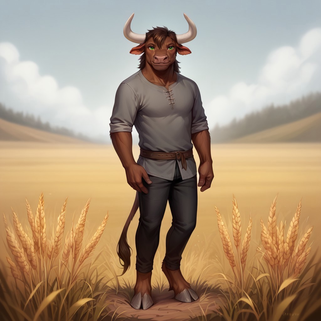 (((detailed, beautiful, high quality))), score_9, score_8_up, score_7_up, solo, full body, standing,

minotaur, furry,

1boy, male focus, green eyes, brown skin, dark brown hair, white horns, gray tunic, black pants, 

(looking at viewer:1.2), posing, smiling, 
wheat field, fantasy background, blurred background,