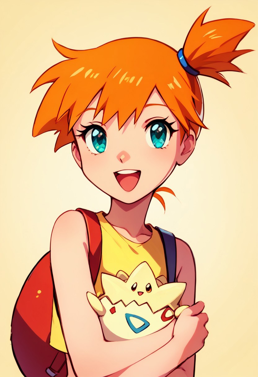 score_9, score_8_up, score_8, cute,      
rating safe, 
BREAK,
tgpiMsty, yellow shirt, smile, open mouth, bangs, shirt, upper body, :d, sleeveless, bag, hair tie, source anime,
BREAK,
smile, looking at viewer, 
zPDXL, Expressiveh