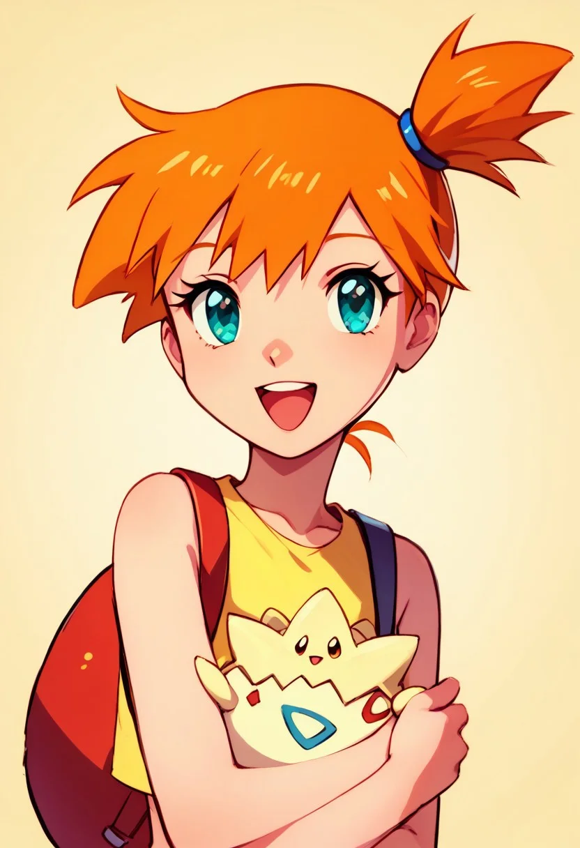 score_9, score_8_up, score_8, cute,
rating safe,
BREAK,
tgpiMsty, yellow shirt, smile, open mouth, bangs, shirt, upper body, :d, sleeveless, bag, hair tie, source anime,
BREAK,
smile, looking at viewer,
zPDXL, Expressiveh
