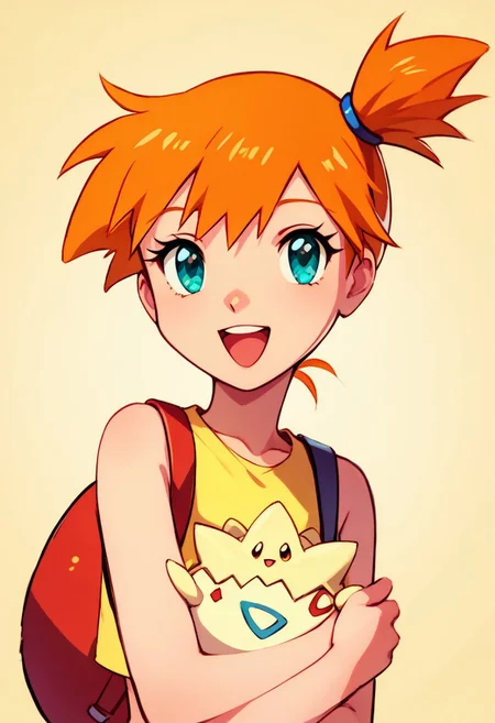 score_9, score_8_up, score_8, cute,
rating safe,
BREAK,
tgpiMsty, yellow shirt, smile, open mouth, bangs, shirt, upper body, :d, sleeveless, bag, hair tie, source anime,
BREAK,
smile, looking at viewer,
zPDXL, Expressiveh
