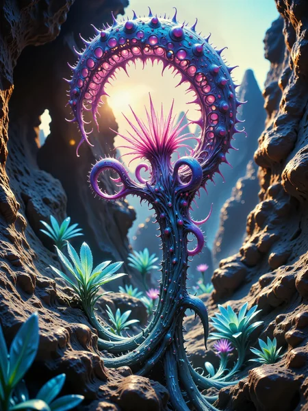 ultra-high-resolution, 8k, 4k, professional macro photography, national geographic style, nat geo, fractal geometry, a strange, carnivorous alien plant glistens in the early light of dawn, its organic surface covered in fine, translucent filaments tipped with bead-like droplets that shimmer like liquid crystal, the plant's radial arms unfurl from a thick, iridescent core, arching delicately toward the pale sky, each tendril is coated in a sticky, refractive substance that captures the faintest light, giving the impression of jeweled threads spun by an unseen mind, the foreground is dominated by the central trap structure, its textured skin rippling in fractal ridges of pale violet and metallic blue, along the edges, microscopic cilia flex and twitch, reacting to nearby insect-like alien lifeforms, a few translucent wings and curled carapaces are caught within the glistening strands, evidence of the plant's deadly efficiency, the dew glows faintly with bioluminescence, in the background, the alien terrain recedes into a softly focused vista of ivory grasses and tiny wondrous herbs, the ground is damp and sponge-like, with a teal hue from the local minerals, a tall jagged rock formation frames the scene, silhouetted against the pre-dawn light, camera angle is ultra close-up, focused tightly on the central structure and leading tendrils of the plant, with a shallow depth of field to blur the background just enough to preserve mood and setting while isolating the botanical subject, the composition draws the eye through curved lines and mirrored symmetry, lighting is cool and diffuse with soft edge highlights from the alien sunrise, subtle bloom effects around the dewdrops emphasize their lensing quality, and glints of distant planetary light enhance the alien feel without overwhelming the composition, captured with hyperrealistic macro lens, ultra-high-resolution digital capture, natural color grading with minimal stylization to preserve realism, slight chromatic aberration near light edges, high dynamic range and precision depth mapping, as if taken during an actual biological expedition, ovg, alienplants, artilands02 <lora:image_upgrade-flux-by_zeronwo7829:0.96> <lora:alien_plants-flux-by_chronoknight:0.64> <lora:style-fantastic_landscapes-v2-flux-by_artifyai:0.6>